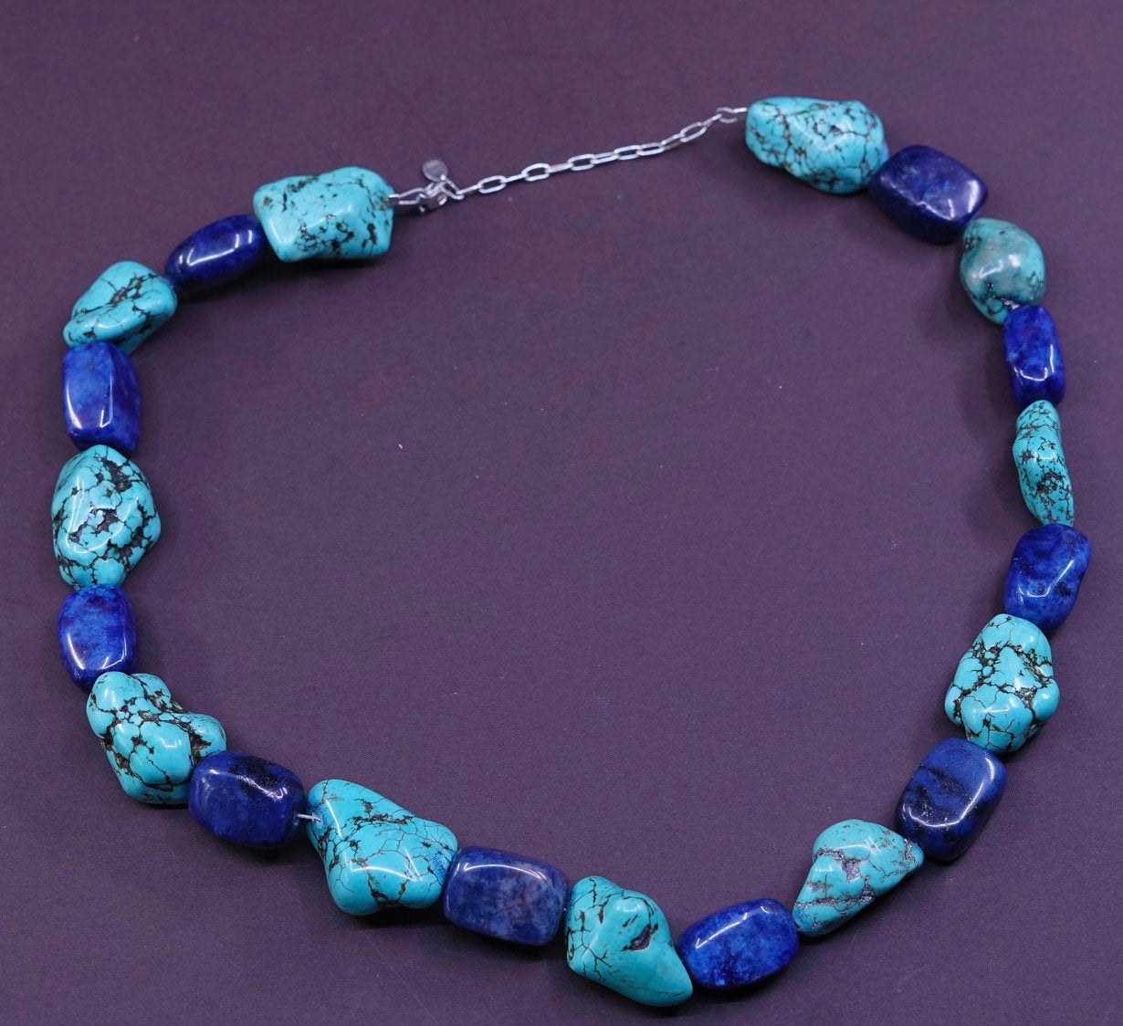 20+2”, Sterling 925 silver handmade necklace w/ nugget turquoise sodalite beads
