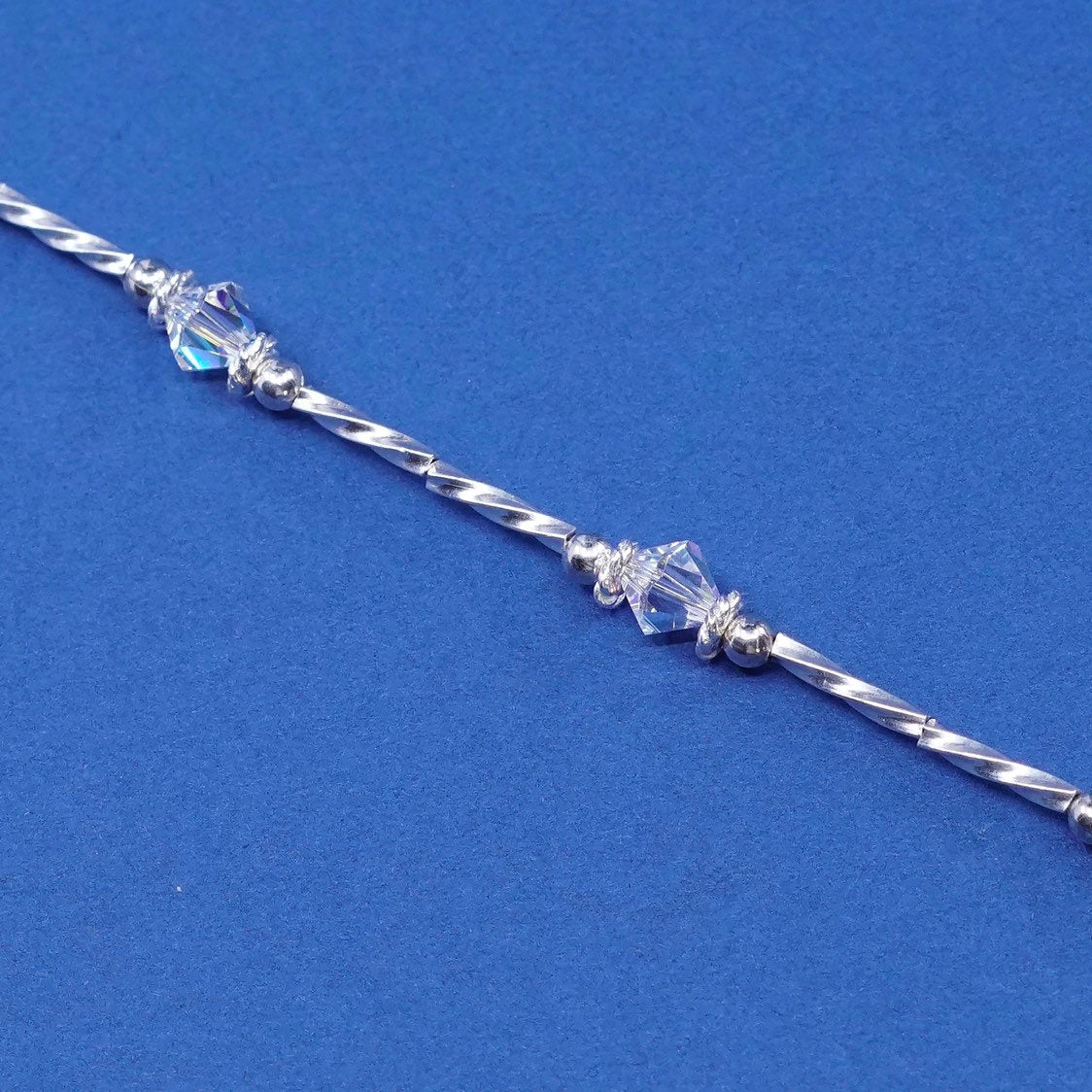 6", vtg Sterling silver handmade bracelet, 925 twisted bar w/ crystal