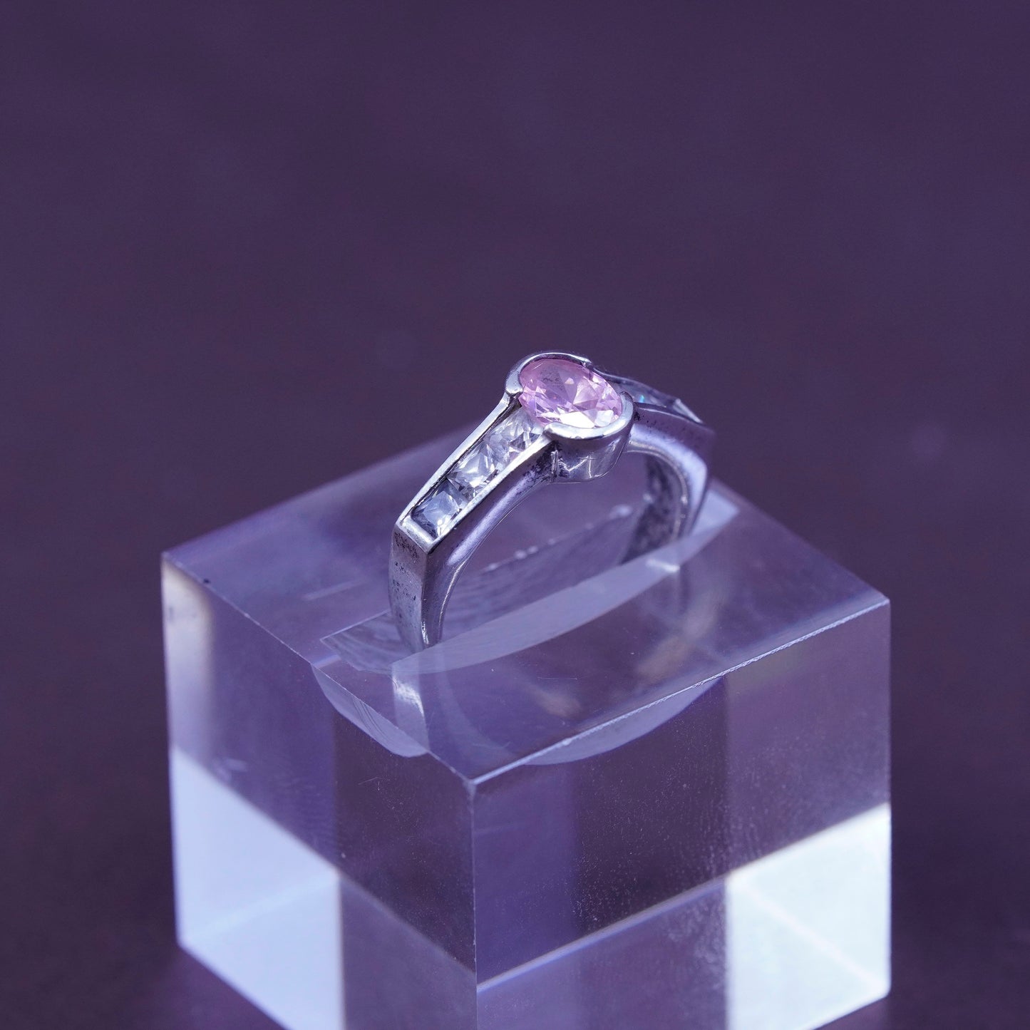 Size 6.5, Sterling silver handmade ring, 925 band with oval pink Cz stone