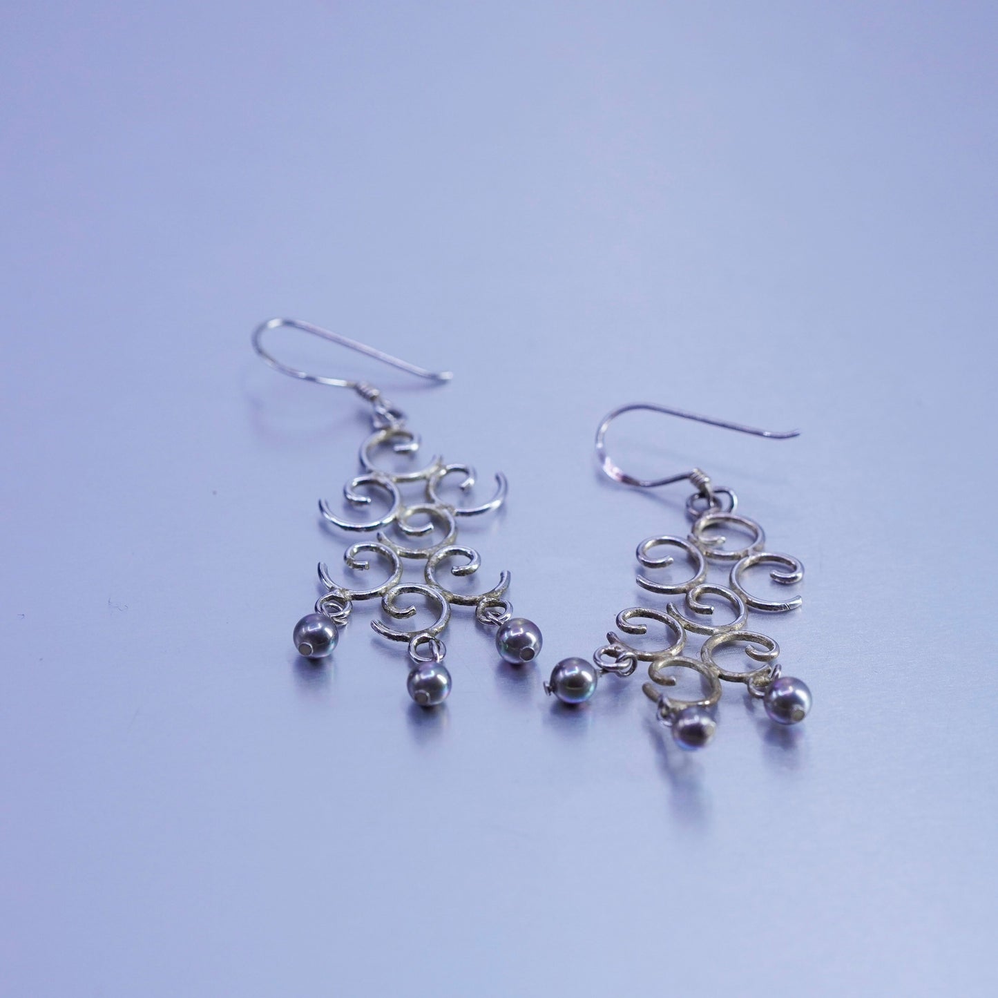 Vintage Sterling 925 silver handmade swirly earrings with beads