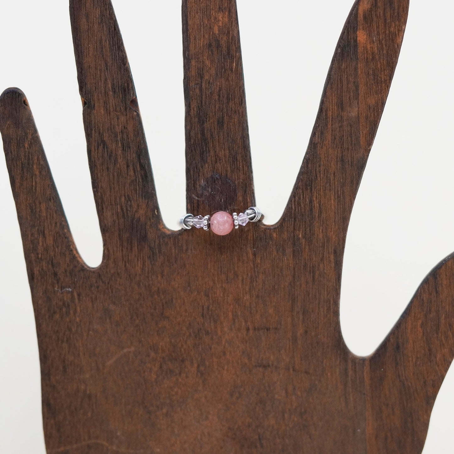 Size 5.75, Vintage sterling silver handmade ring with pink quartz bead