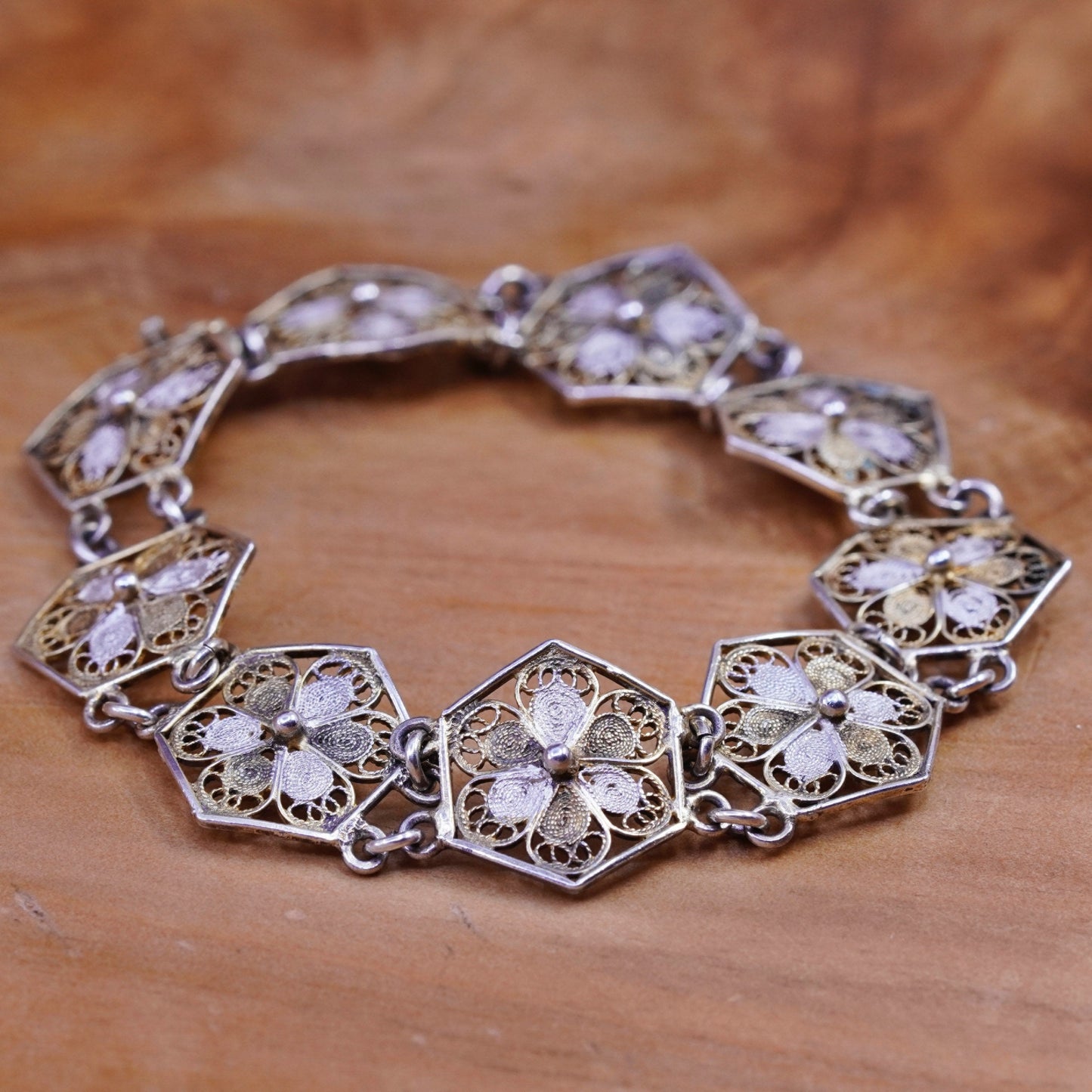 7”, vtg Germany 800 Sterling silver handmade bracelet, filigree floral chain
