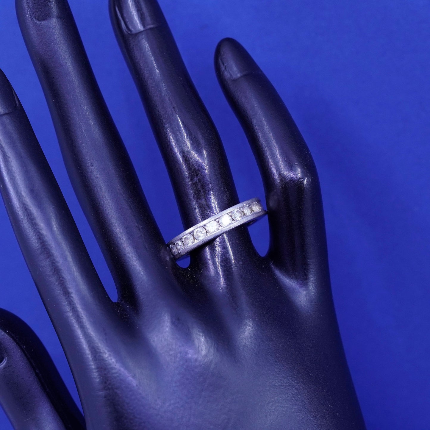 Size 8, vintage Sterling silver engagement ring, 925 band with clear cz around