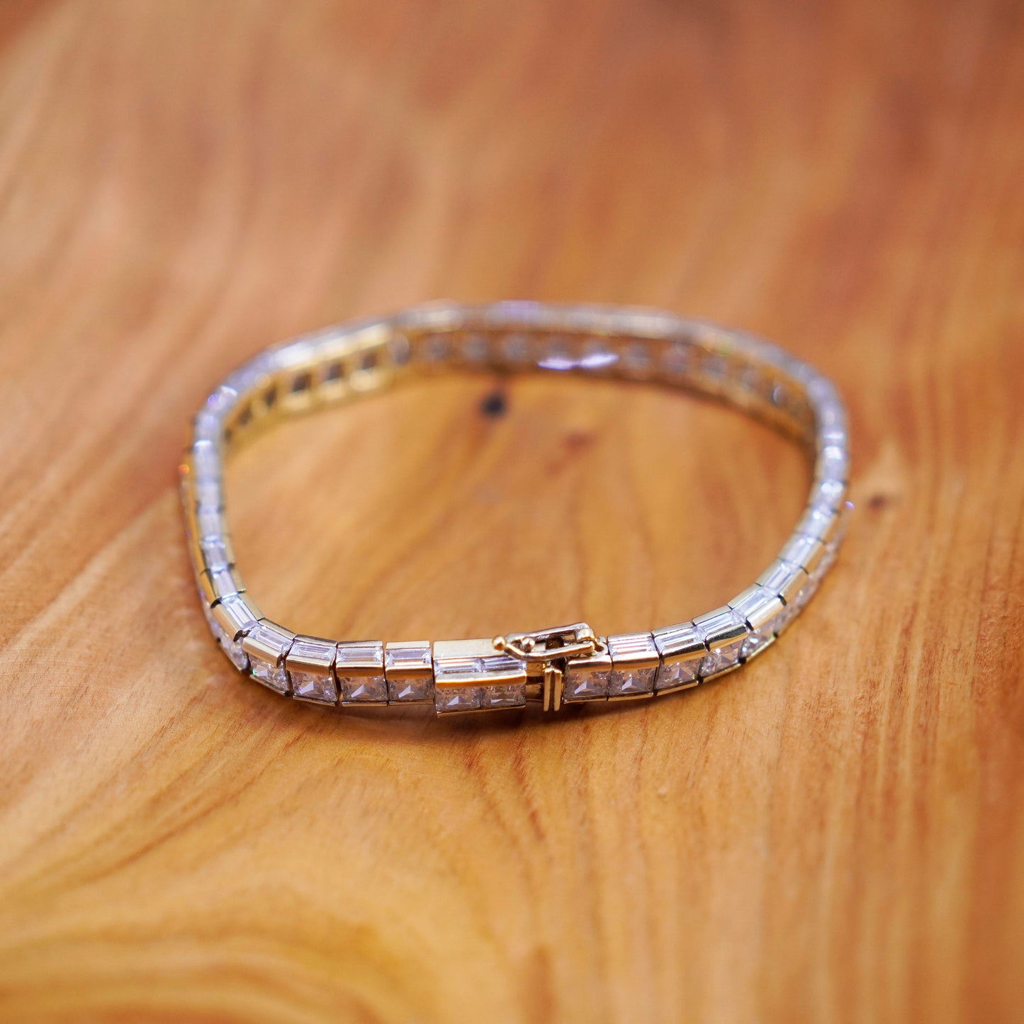 8”, vermeil gold over Sterling 925 silver tennis bracelet, chain with square cz