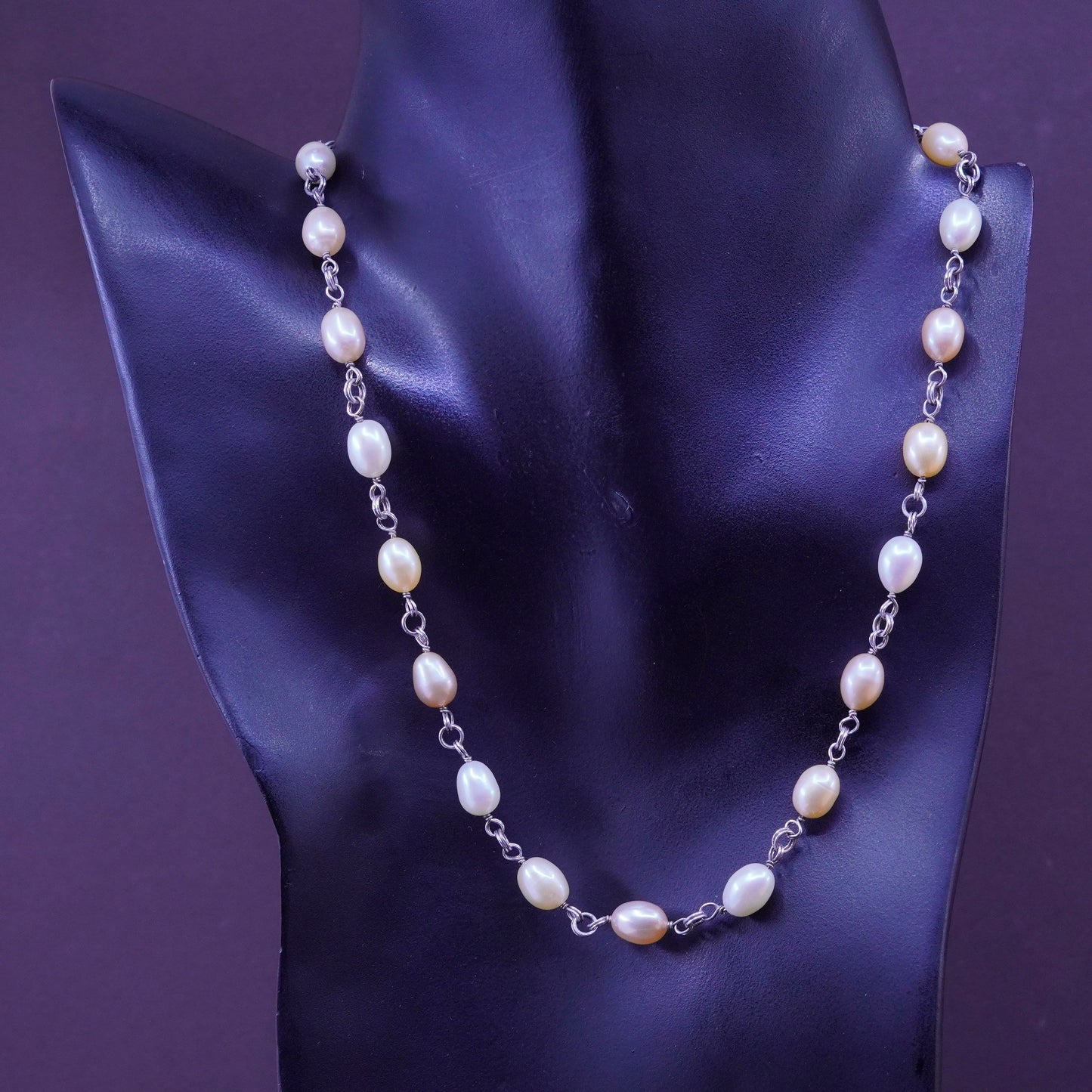 17”, vintage Sterling 925 silver handmade necklace with 6-8mm freshwater pearl