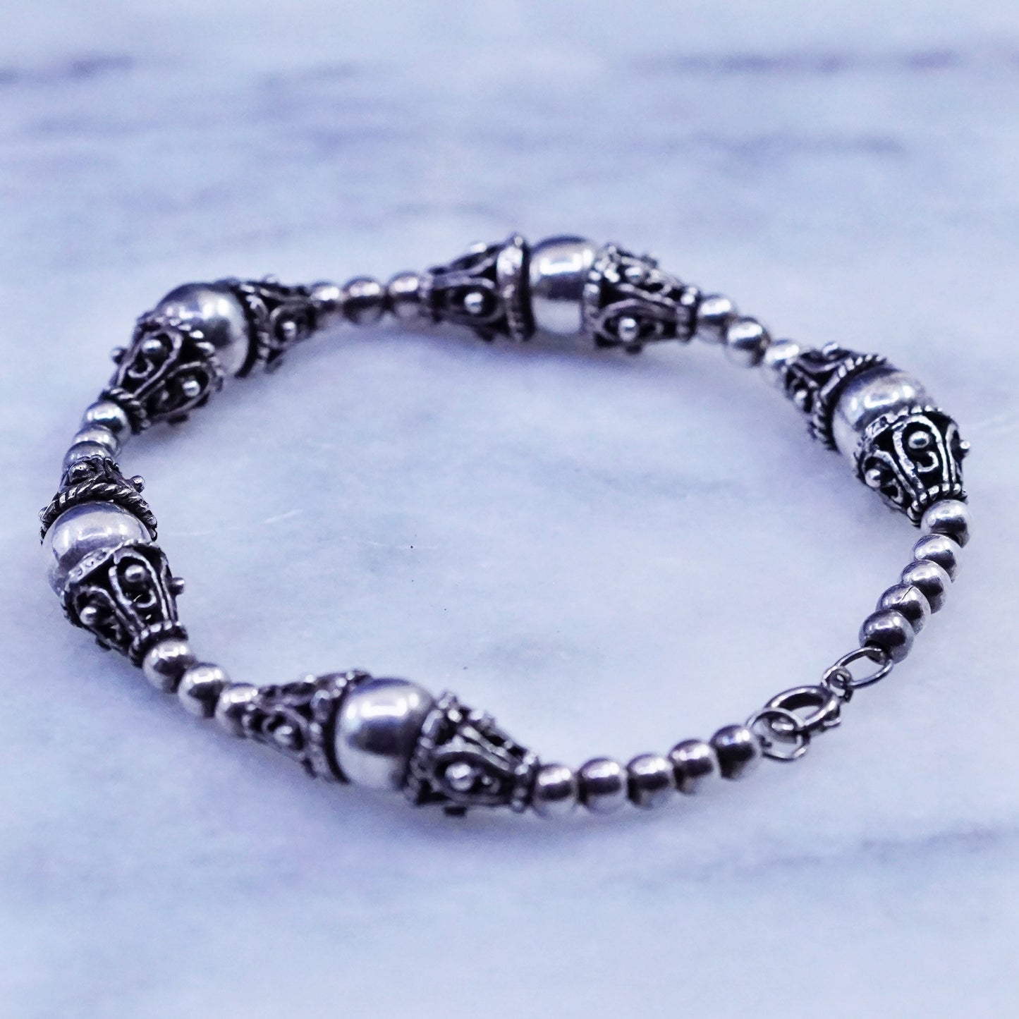 7”, vintage sterling 925 silver handmade bracelet with bali beads