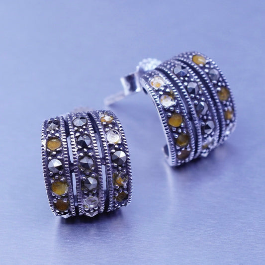 0.5”, vintage Sterling silver handmade earrings, 925 Huggie with Marcasite