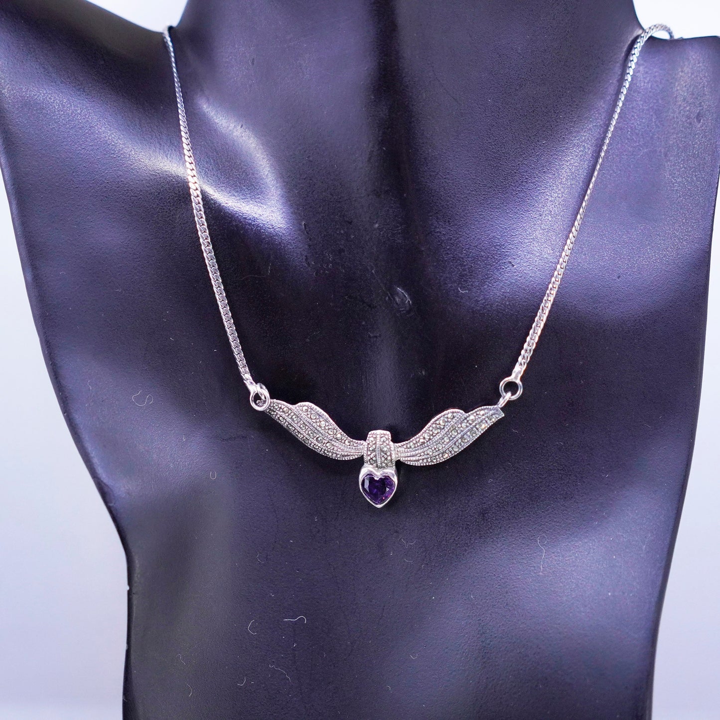16”, Sterling 925 silver flatten curb necklace amethyst marcasite wings pendant