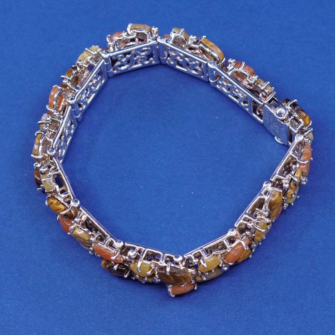 7” WK Whitney Kelly 925 Sterling Silver tennis Bracelet w/ tiger’s eye N leaf