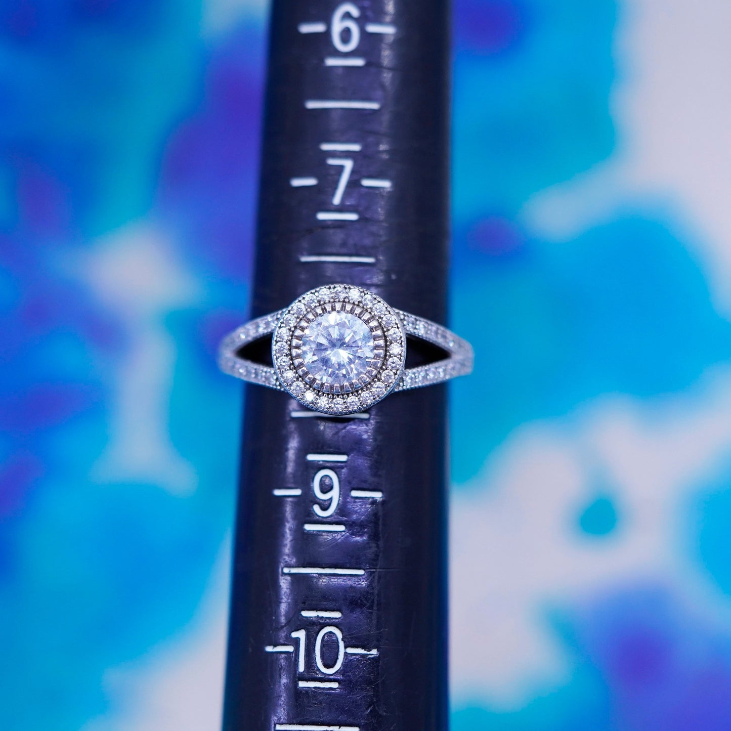 Size 8, vintage Sterling 925 silver engagement ring with cluster Cz around