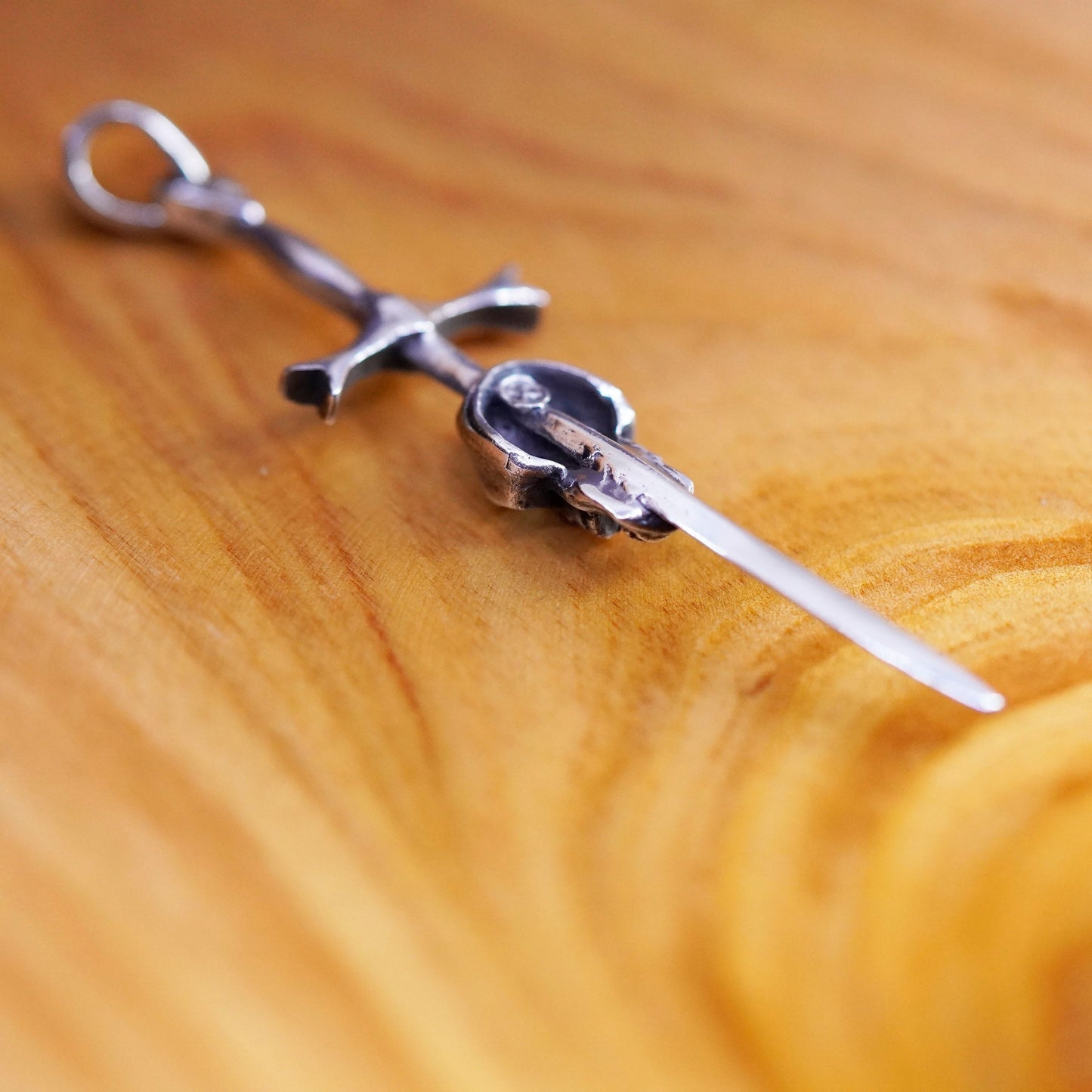 Vintage Sterling silver handmade pendant, 925 cross sword with skull