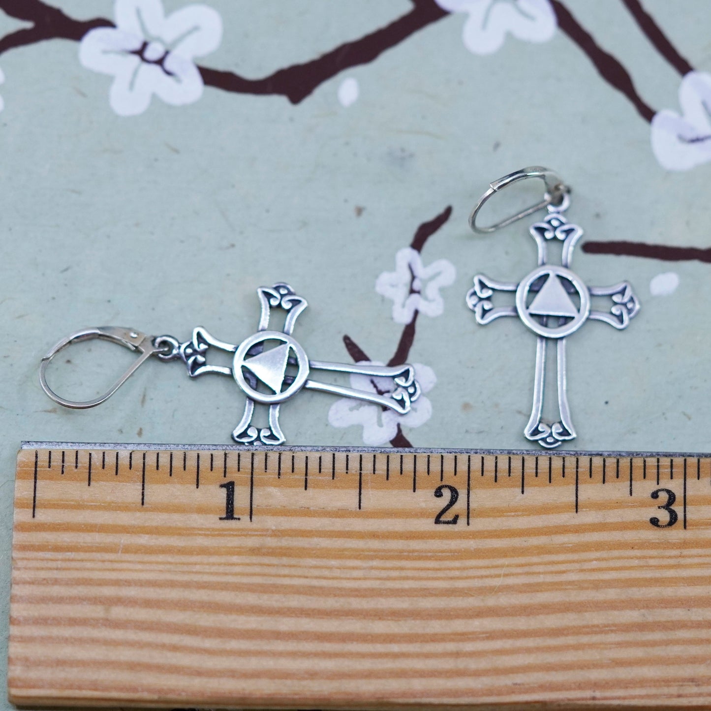 Vintage Sterling silver handmade earrings, 925 cross with peace sign, cute