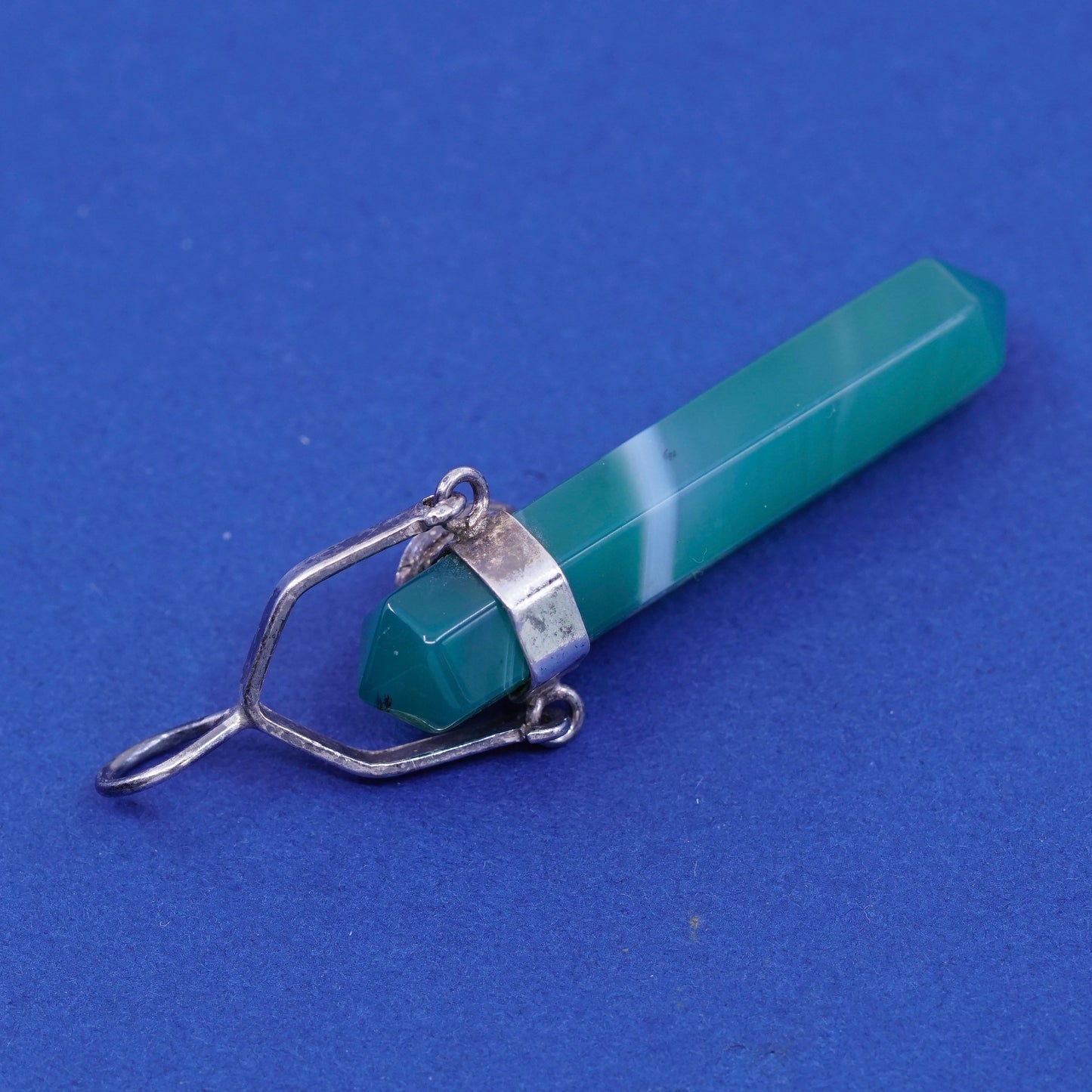 vtg handmade sterling silver charm, 925 healing crystal pendant Jade w/ opal