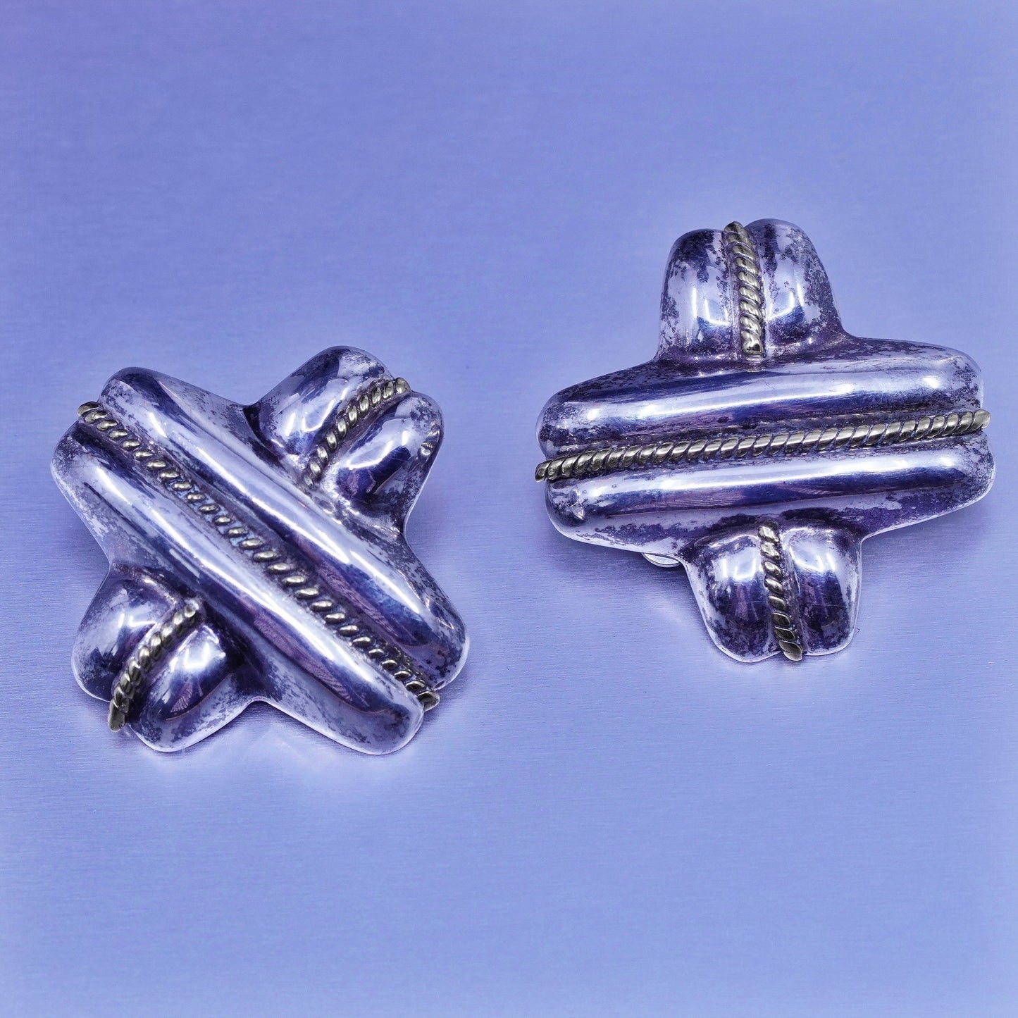 Laton two tone Sterling 925 silver handmade earrings, cross clip on brass cable