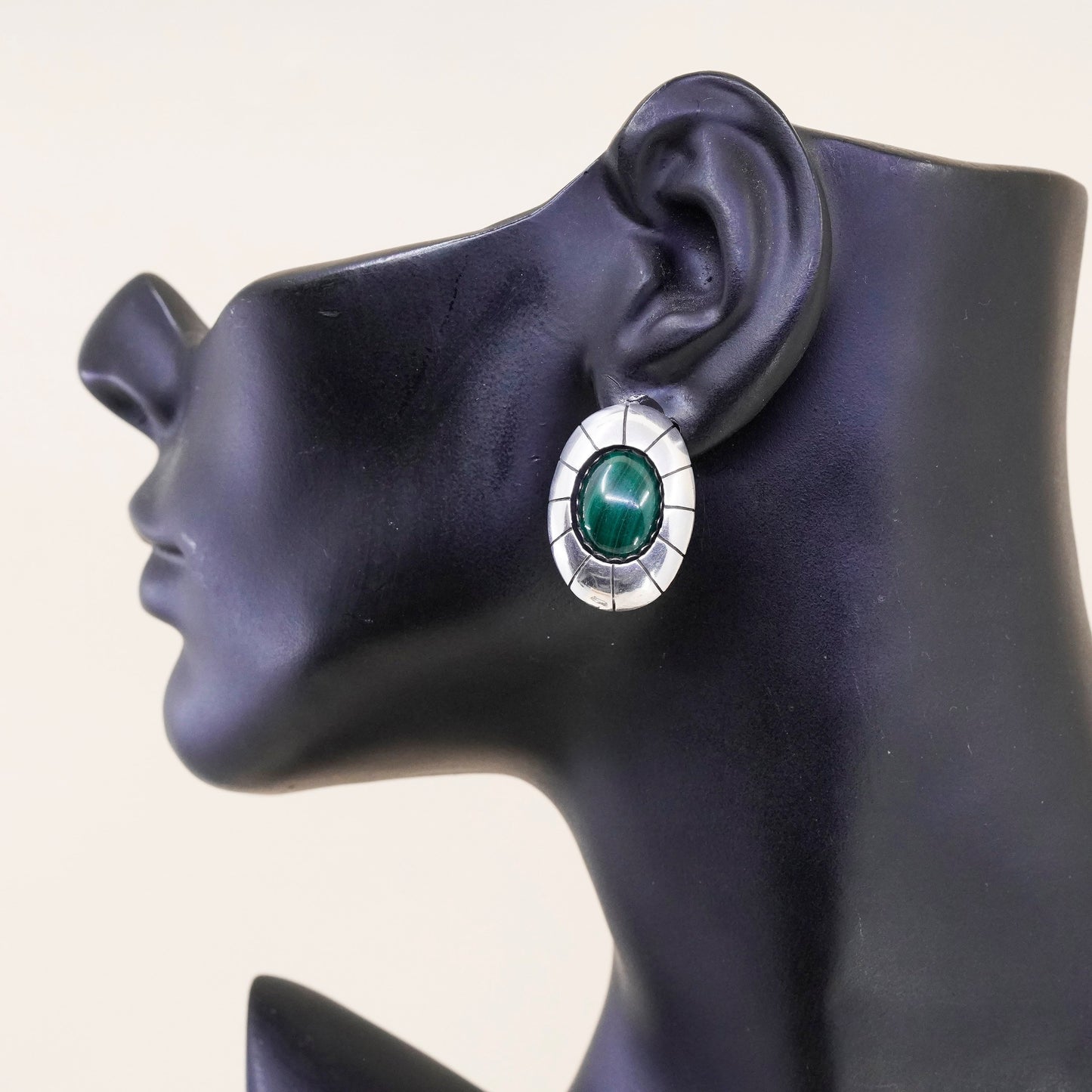 vtg Sterling 925 silver Carolyn Pollack Relios earrings, oval studs malachite