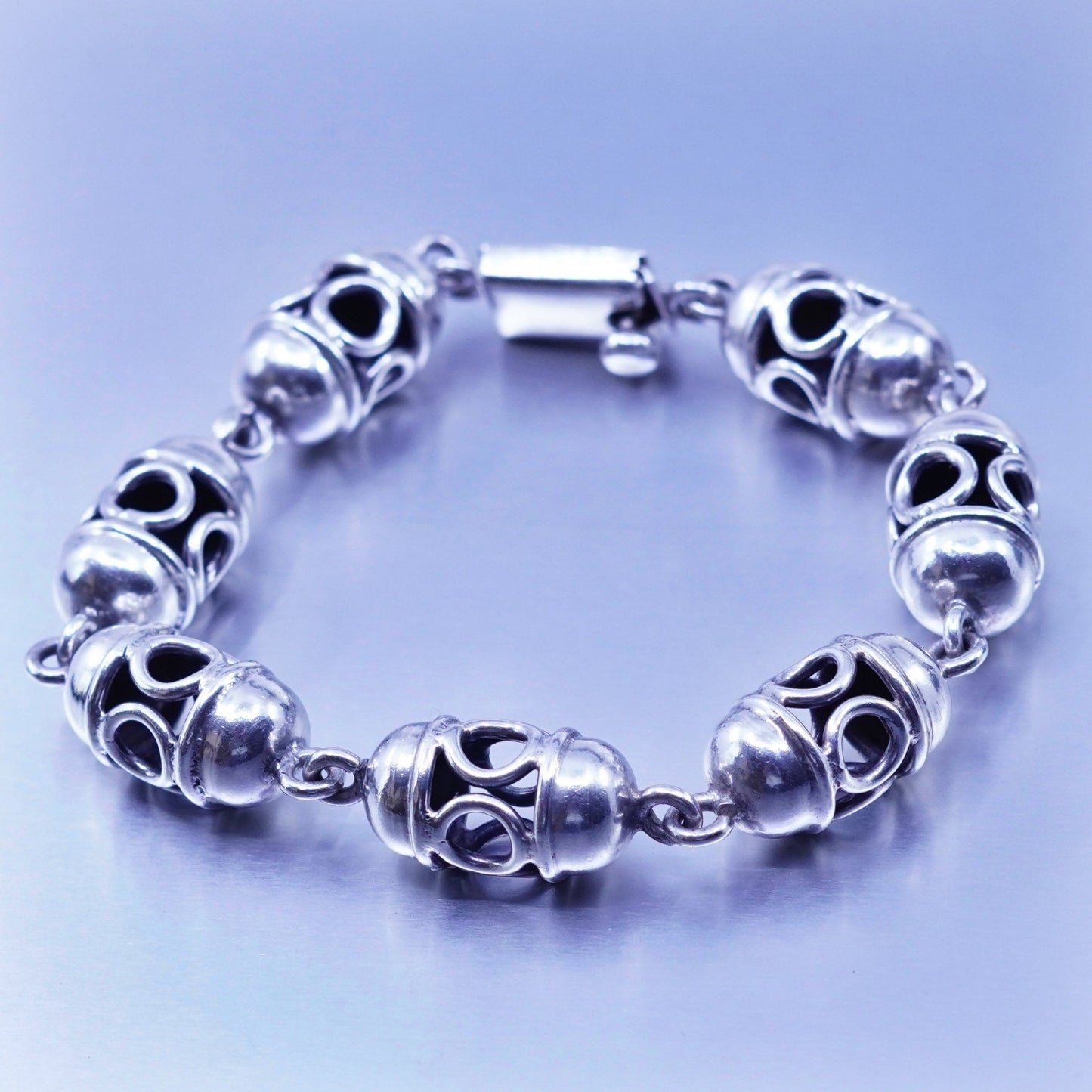 6.75”, vtg Mexico Sterling 925 silver handmade bracelet, filigree beads chain