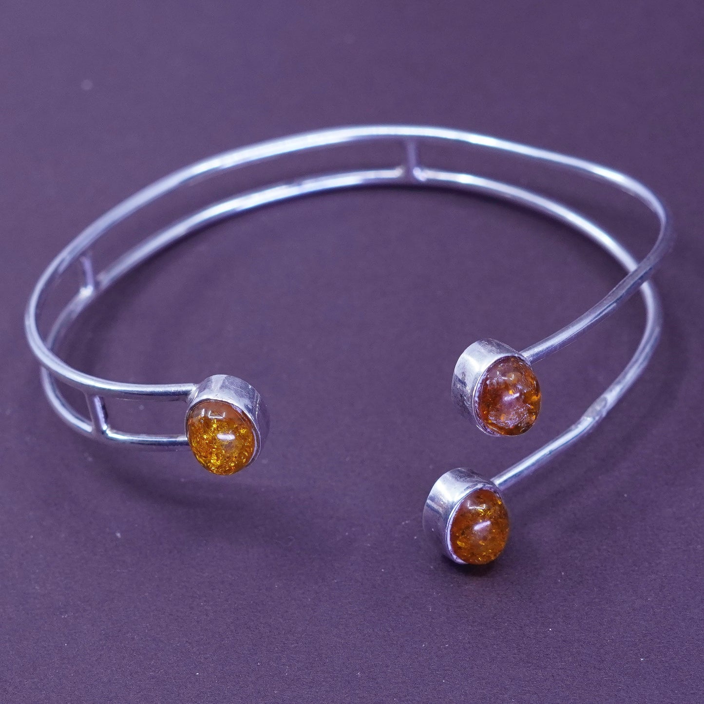 8.5”, Sterling silver handmade bracelet, southwestern Modern 925 cuff w/ Amber