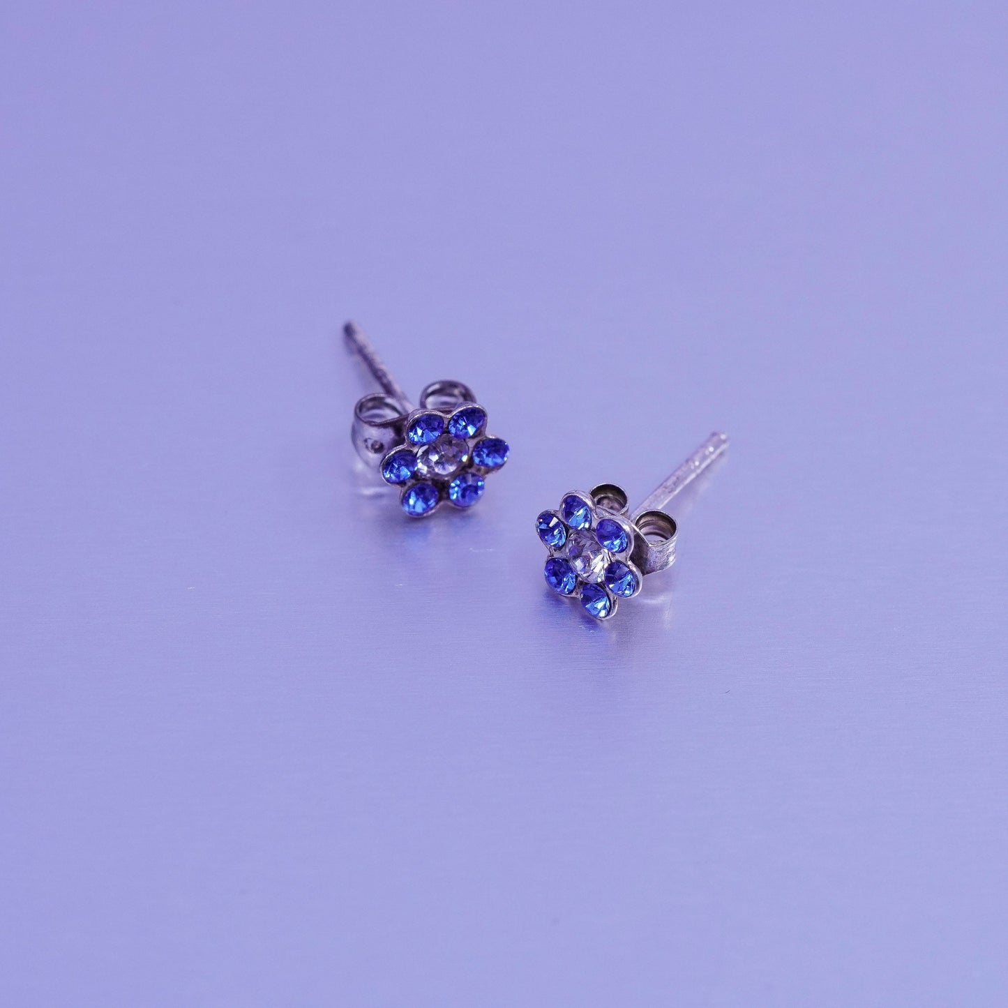 Vintage Sterling 925 silver earrings, flower studs with blue cz inlay