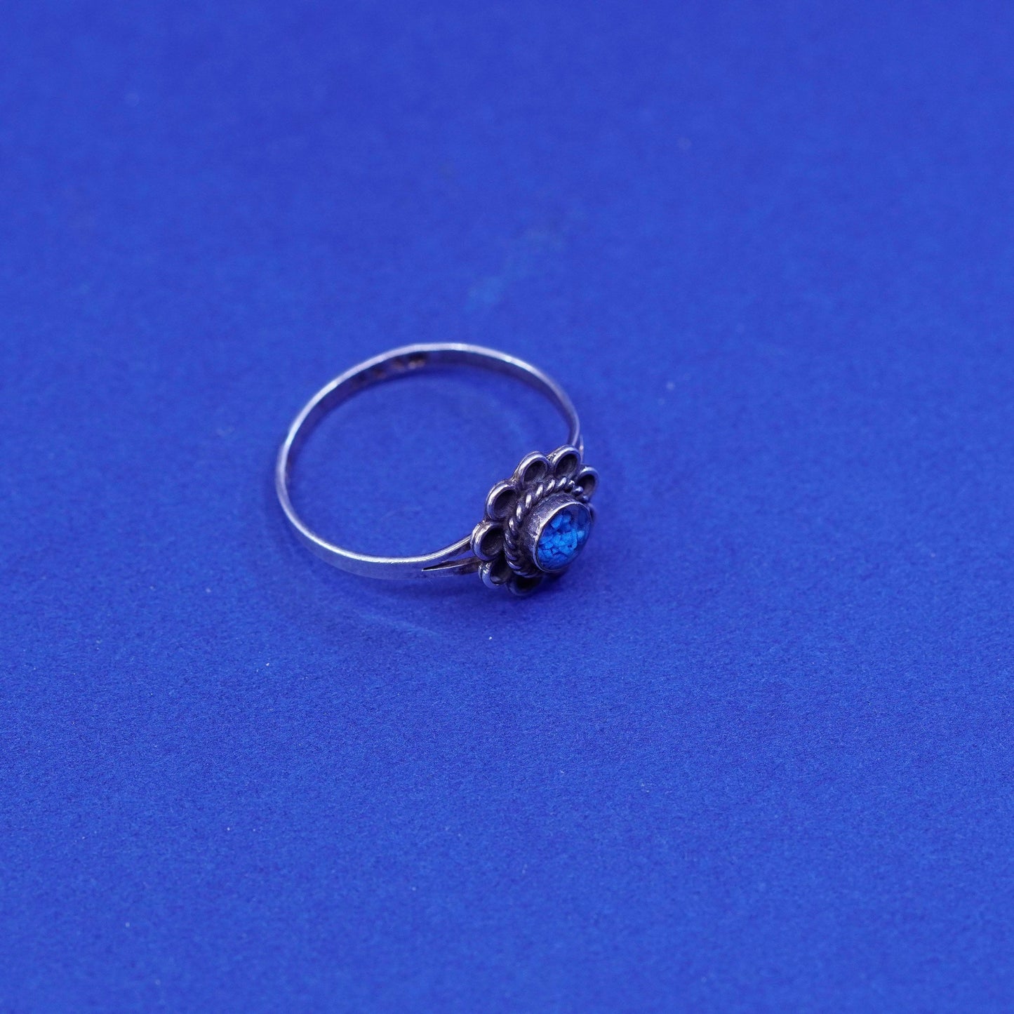 Size 7.25, Mexico sterling 925 silver handmade sub flower ring with opal
