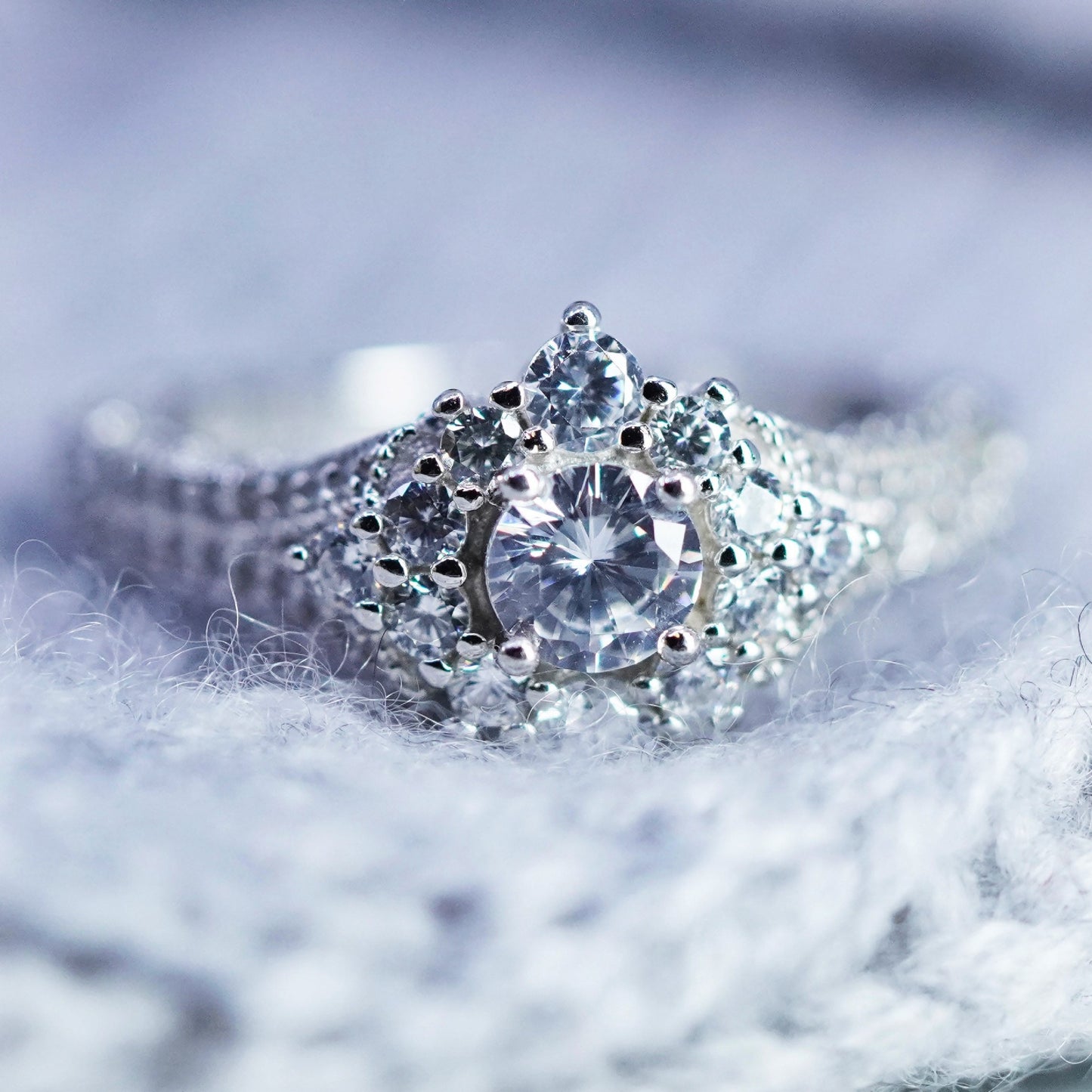 Size 7.5, vintage Sterling 925 silver handmade engagement ring with cluster Cz