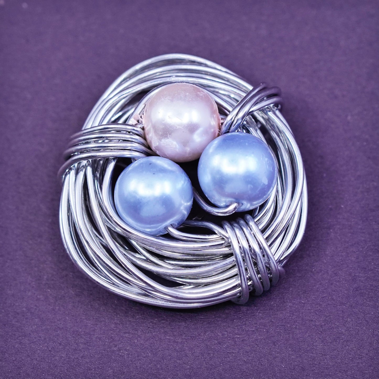 Vintage silver tone handmade pendant, wired bird nest with faux pearl