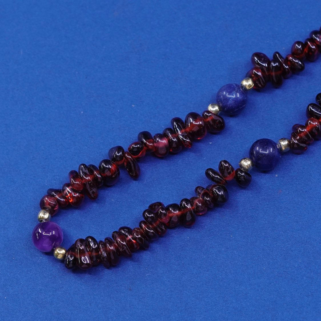 30”, vintage handmade garnet beads with brass clasp
