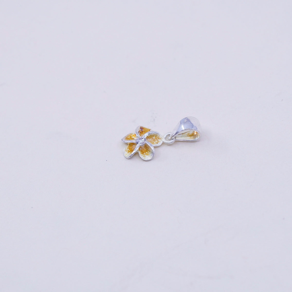 Vintage Sterling silver handmade pendant, 925 plumeria flower charm with Cz
