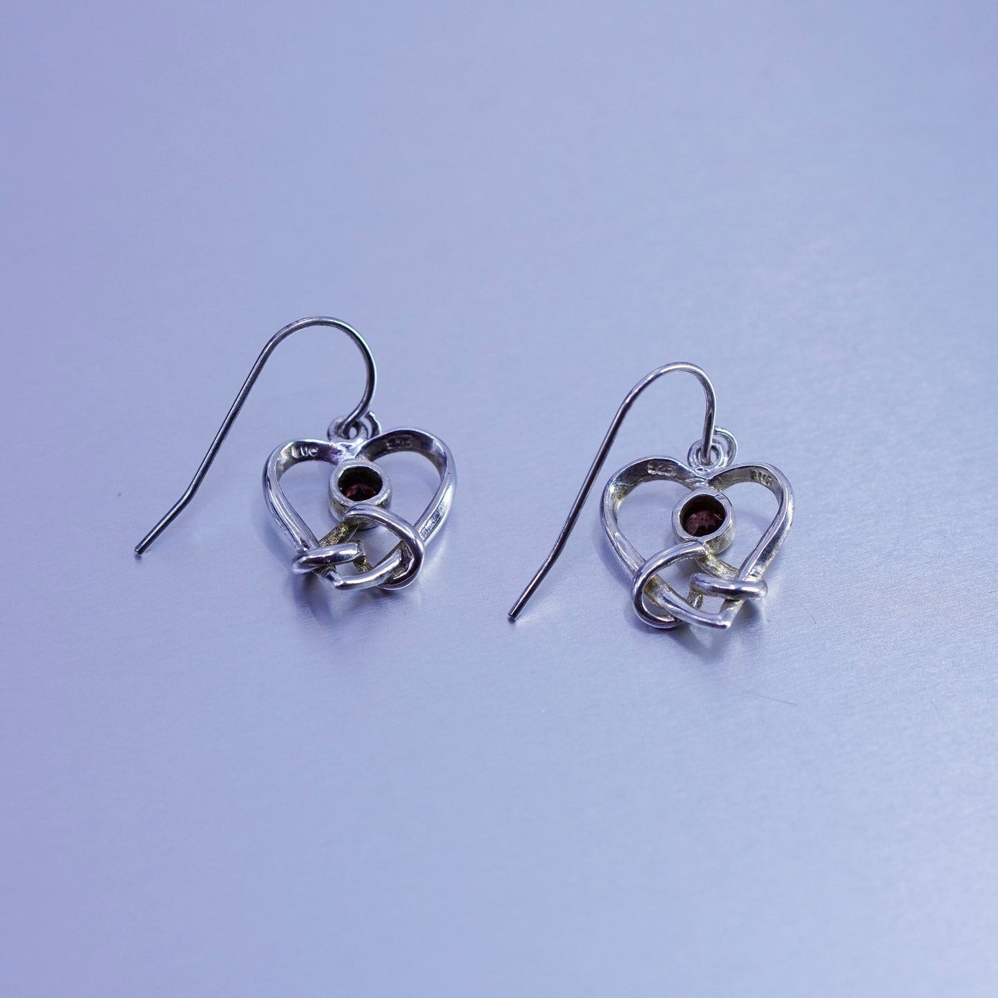 Vintage Sterling 925 silver earrings with heart knot and ruby