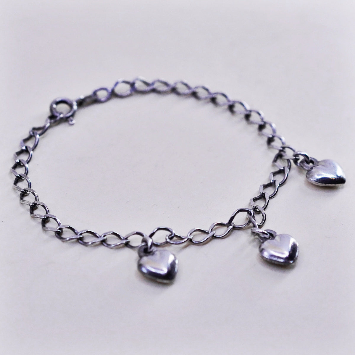 7”, 5mm, Vintage sterling silver curb bracelet, 925 chain with heart charms
