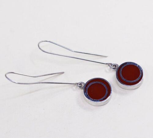 Signed TEGO & Co Sterling Silver Red Lucite Round Modernist Long Hook Earrings