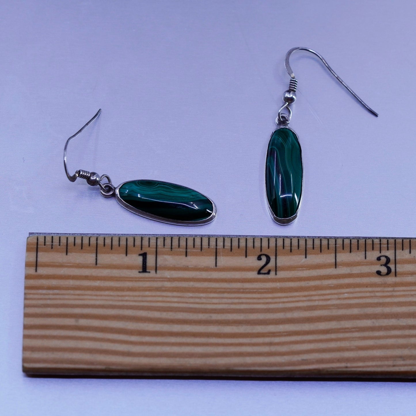 Vintage Mexico Sterling 925 silver handmade earrings with oval malachite