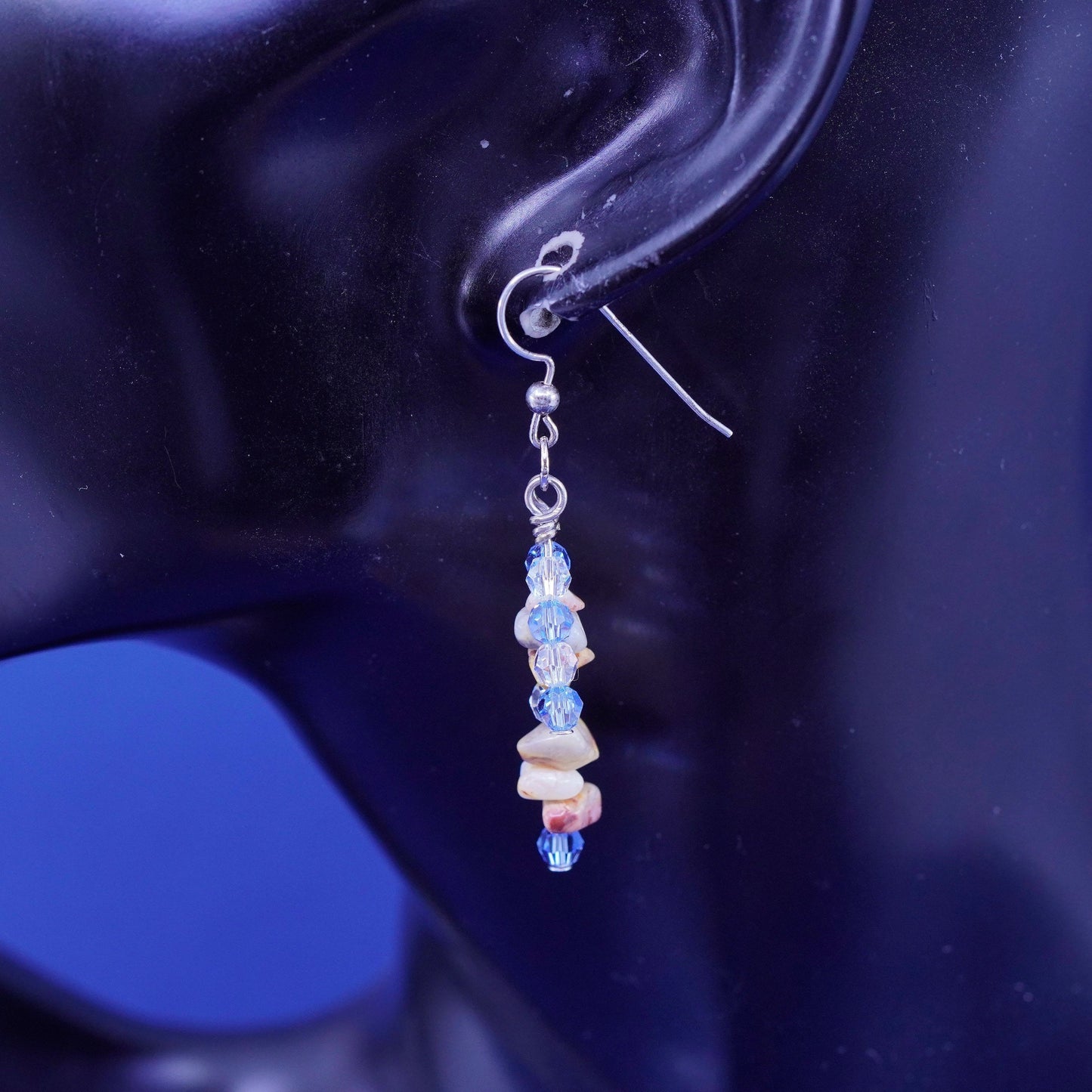 sterling 925 silver handmade earrings blue crystal and jasper nuggets