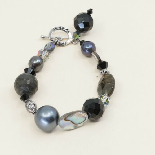 6.5”, Vtg Sterling Silver Handmade bracelet With Gray Pearl N Ceystal Beads