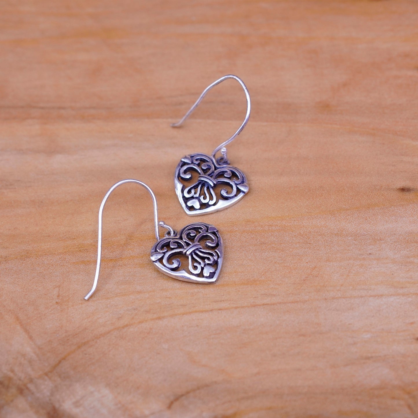 Vintage Sterling silver handmade earrings, 925 filigree heart drops