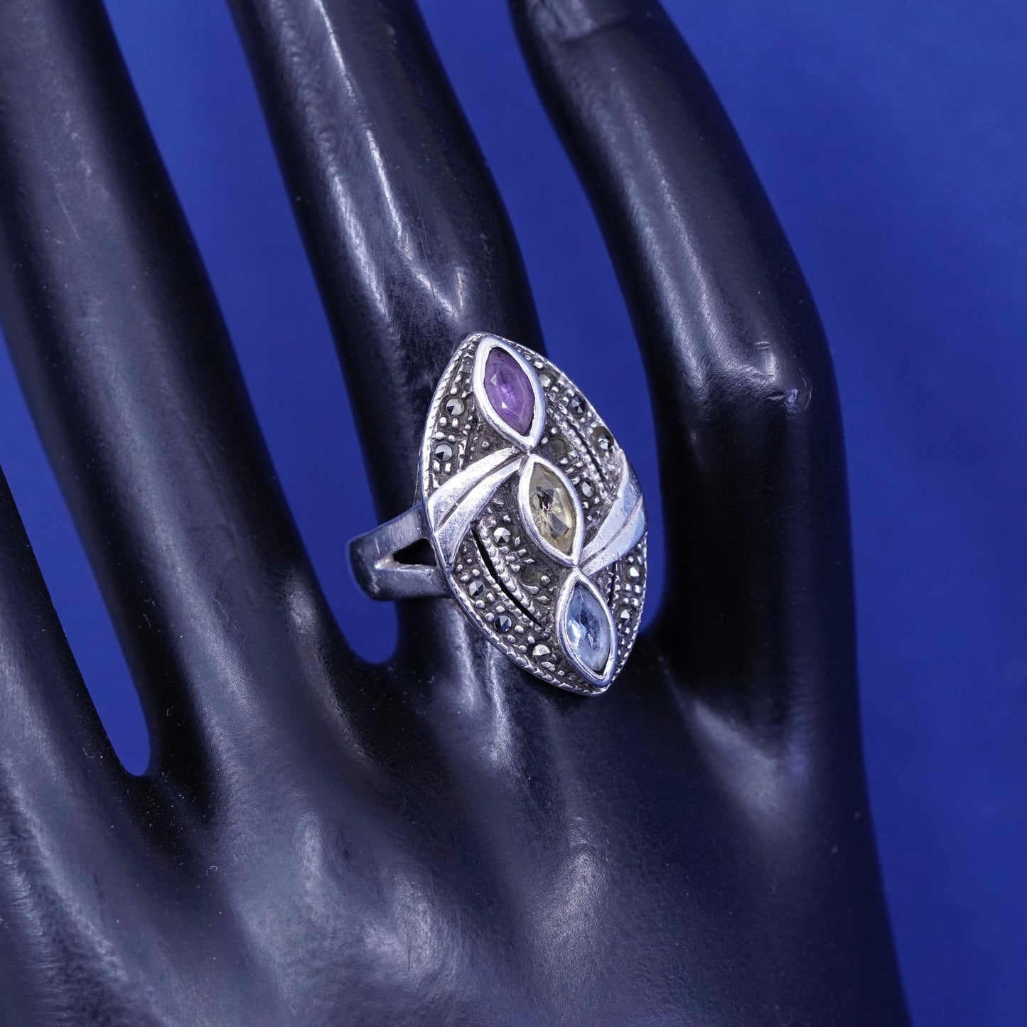 Size 7, THL Sterling 925 silver ring with amethyst topaz citrine marcasite