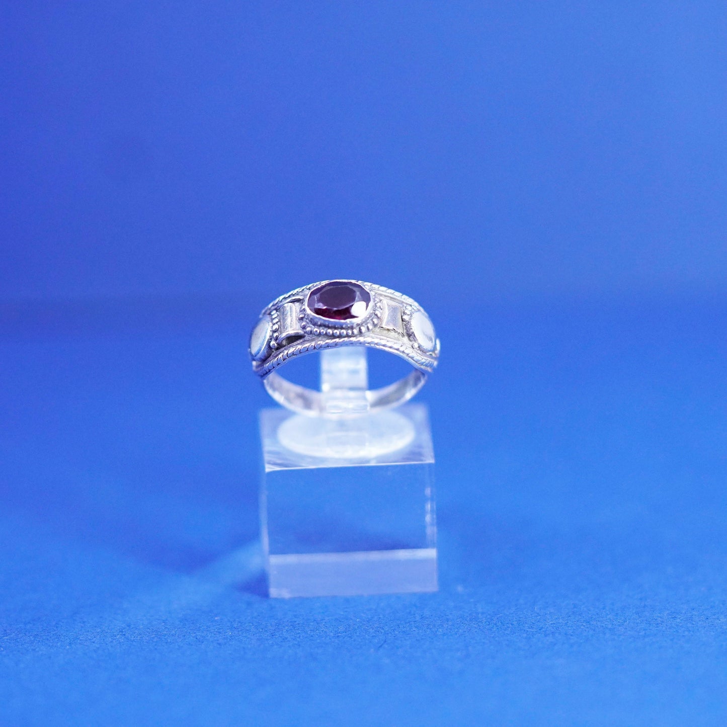 Size 7.75, vintage Sterling 925 silver handmade ring, 925 stackable band ruby