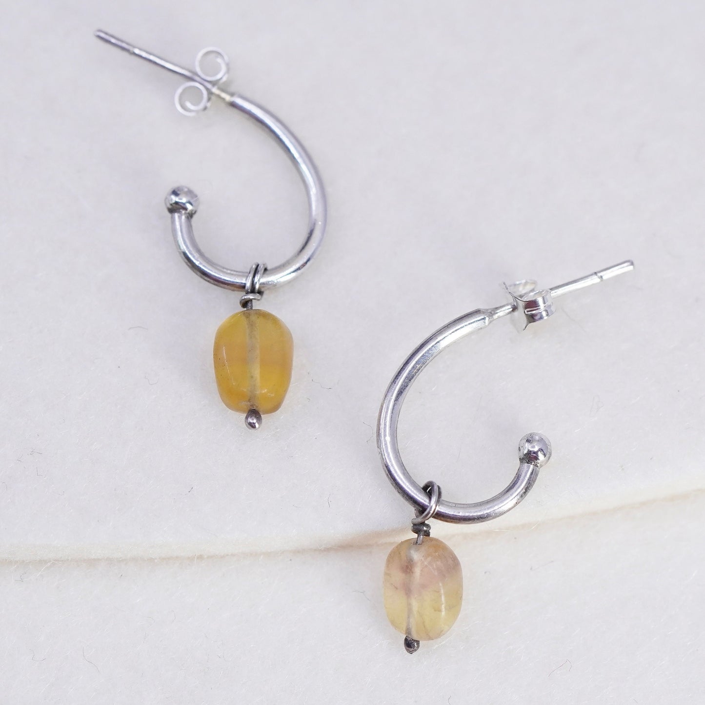 0.75”, vintage Sterling silver handmade earrings, 925 hoops w/ citrine dangles