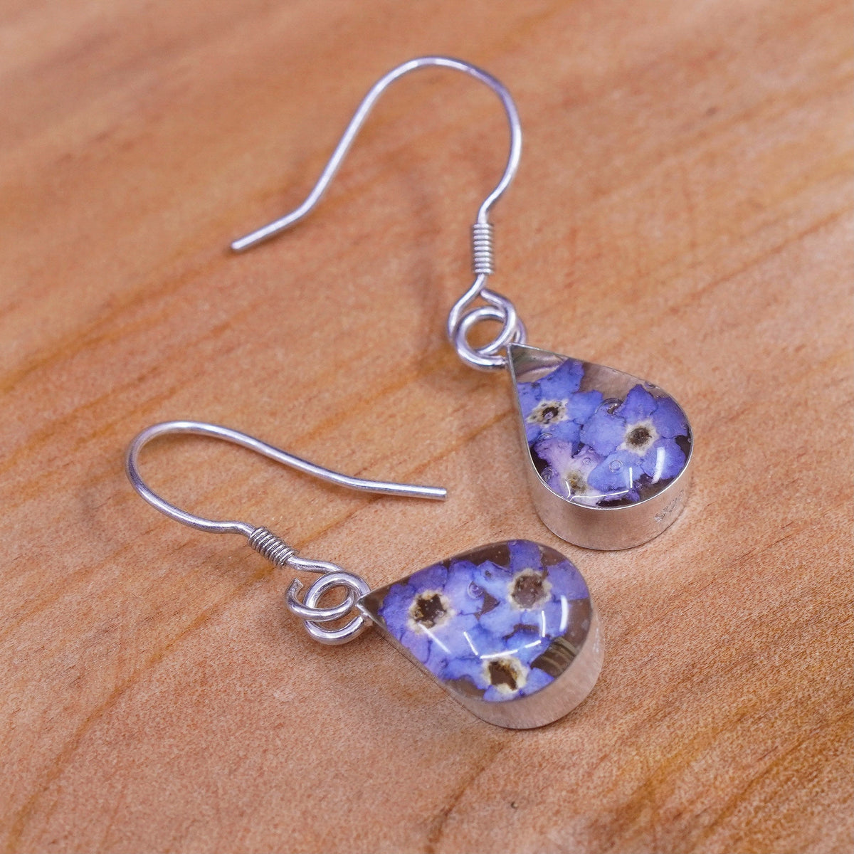 Vintage Sterling 925 silver handmade teardrop earrings with purple resin flower