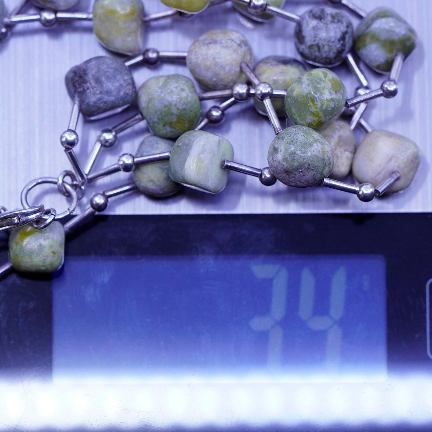 7+1”, vintage Sterling 925 silver handmade bracelet with green jasper beads