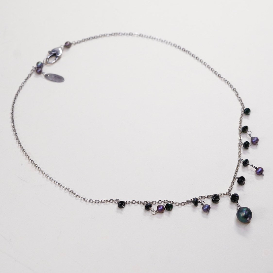 16", lenni navarro black pearl beads necklace, Sterling silver figaro chain