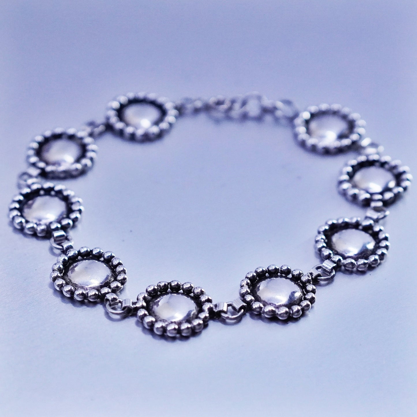 7”, Vintage Sterling 925 silver handmade bracelet, disc chain with beads