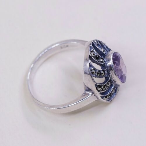 Sz 7.5 Vtg Sterling Silver Handmade Ring, 925 w/ Amethyst n marcasite inlay