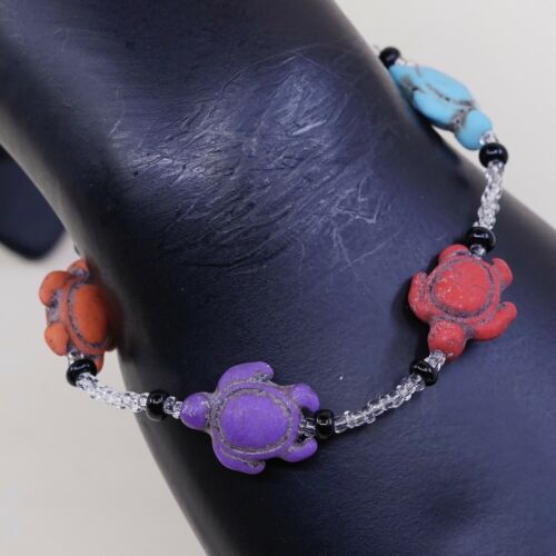 8.75”, Vtg Handmade Bead Bracelet, Clear Beads With Colorful Turtle