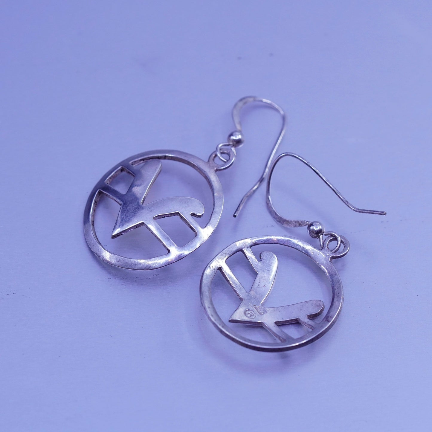 vintage Sterling silver handmade earrings, 925 circle dangles with initial “V”