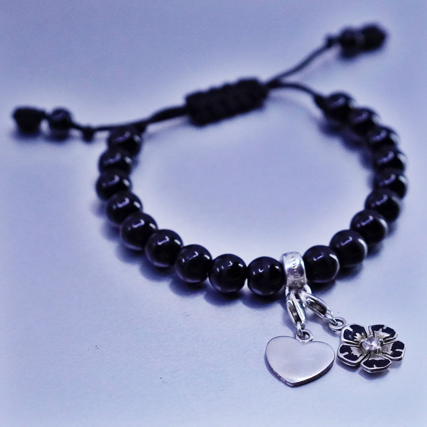 Thomas Sabo Sterling 925 silver bracelet flower heart charm obsidian beads
