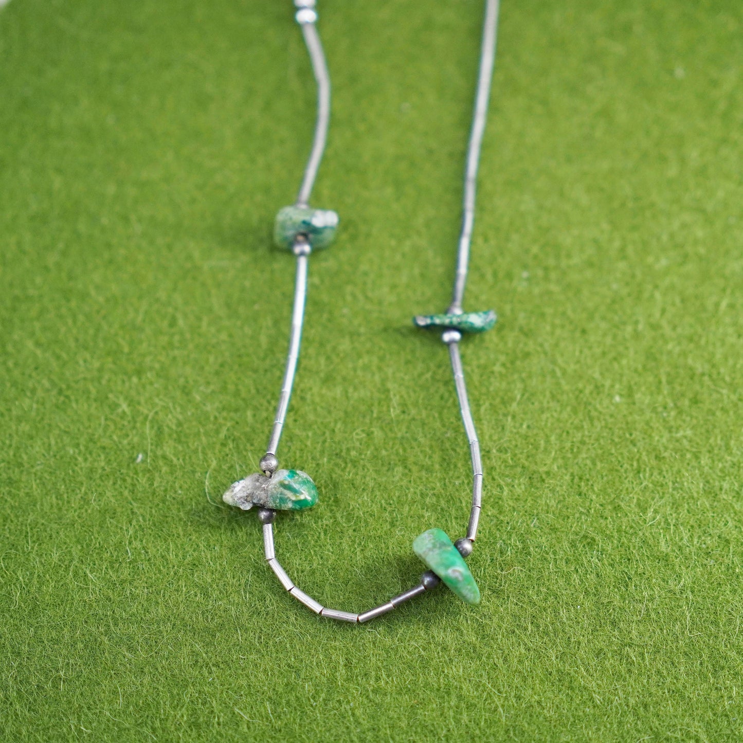 16”, Native American Navajo Sterling necklace 925 liquid silver chain turquoise
