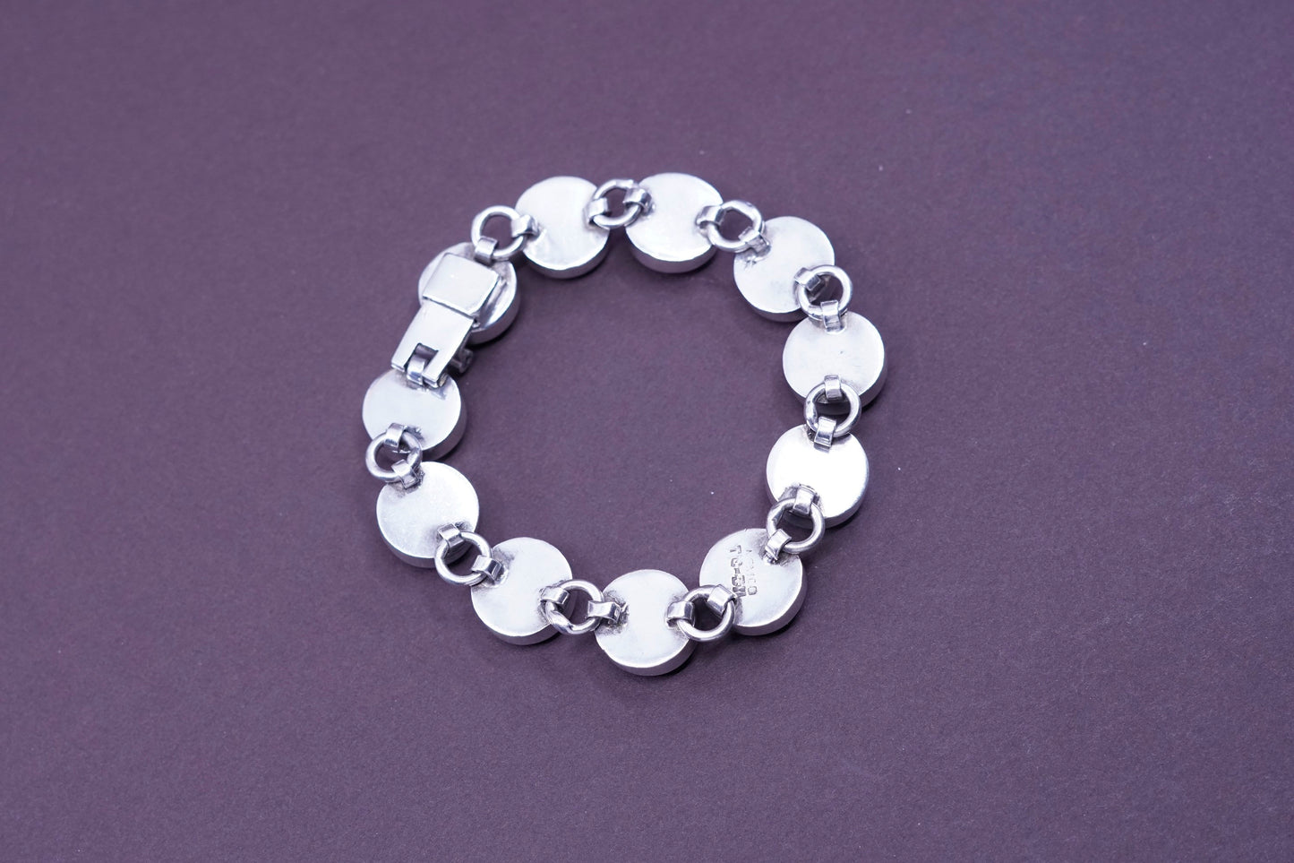 7.25”, vtg Sterling silver handmade bracelet, Mexico 925 with round obsidian