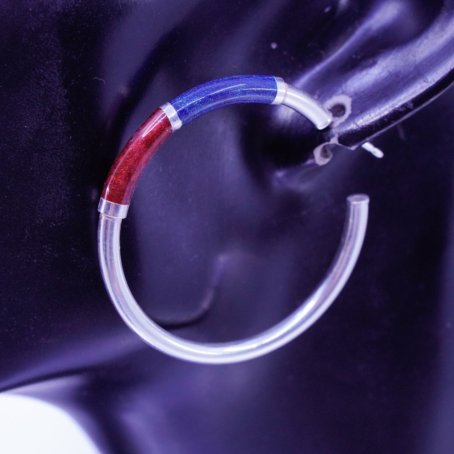 1.5”, vintage Italy Sterling silver handmade earrings, bold 925 hoops w/ enamel