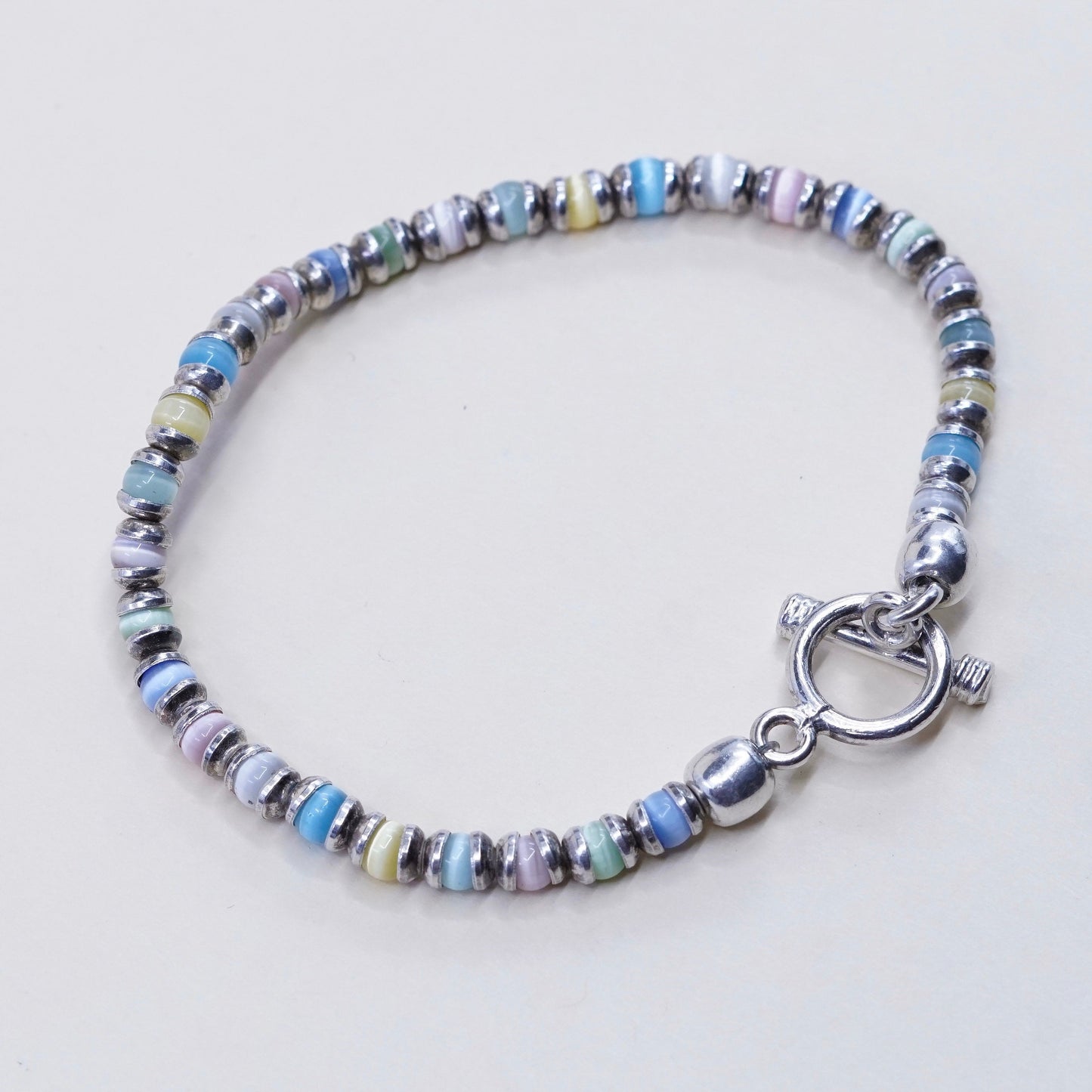7.25”, sterling 925 silver handmade bracelet, tiger eye beads w/ toggle closure