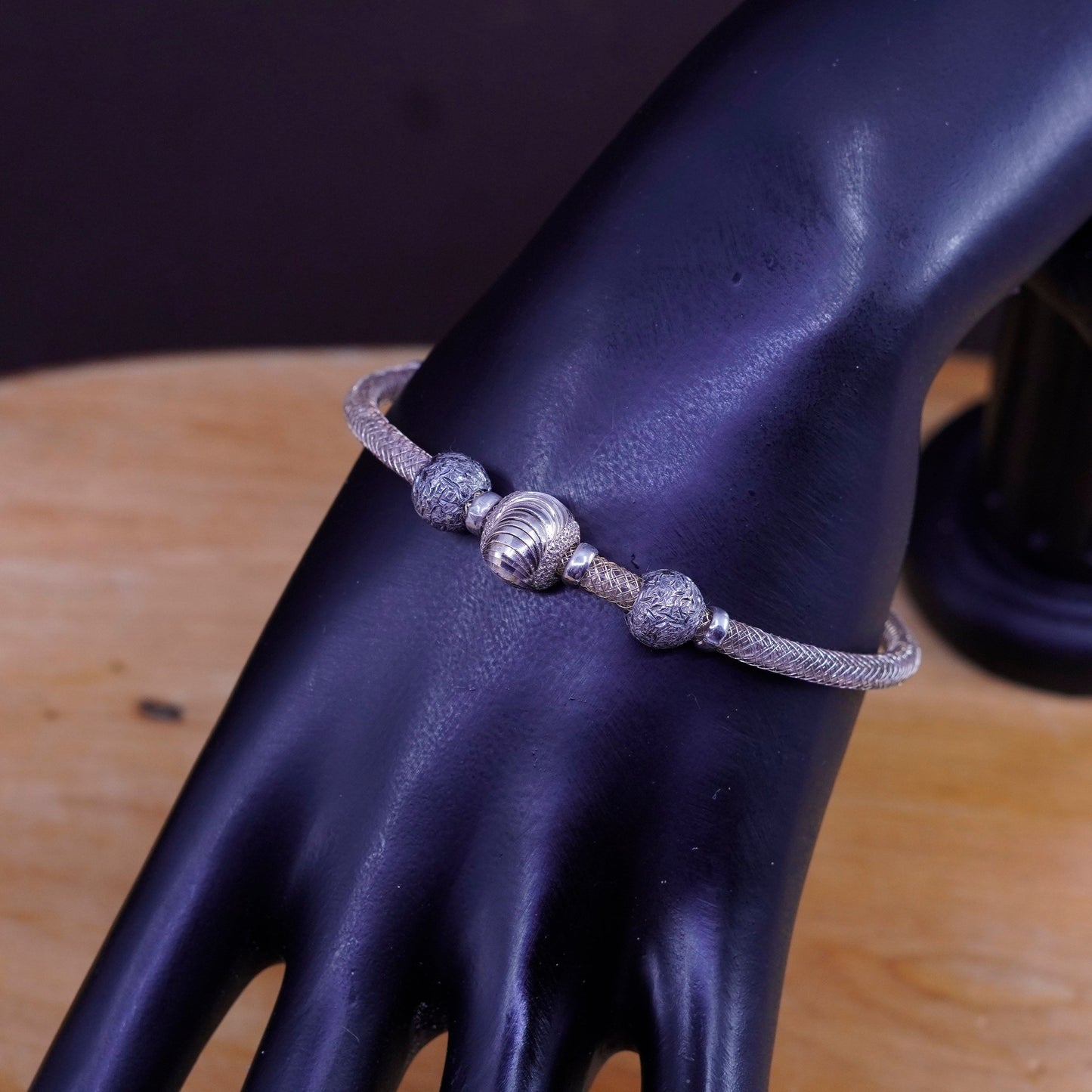 6.75”, vtg Italy Sterling silver handmade bracelet, 925 bangle beads metallic